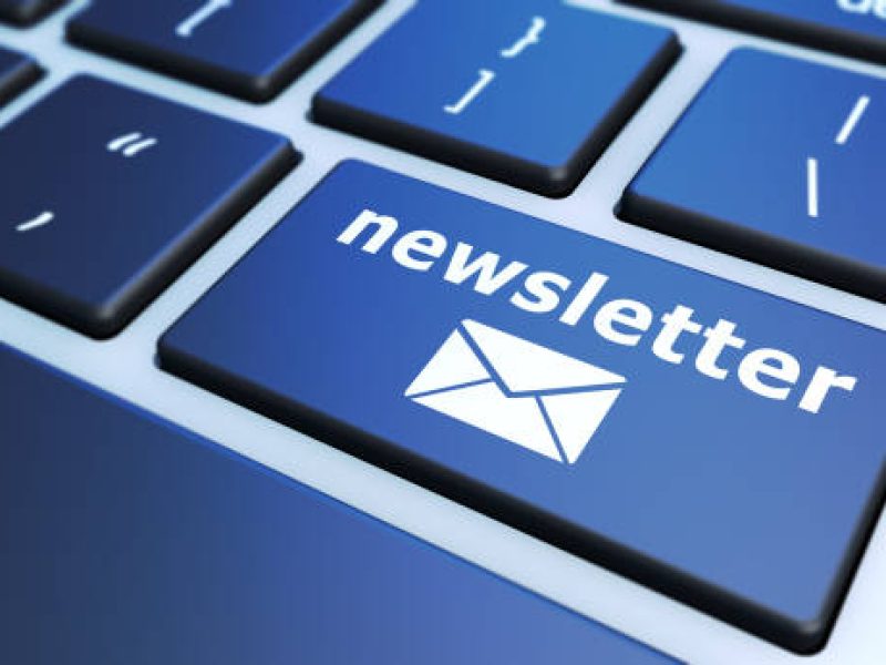 Newsletter concept with sign and email icon on a computer keyboard button 3D illustration.